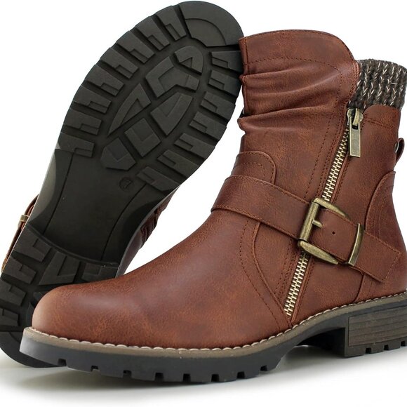 Women's Combat Boots Fashion Side Zipper Buckle Ankle Booties - Picture 5 of 7